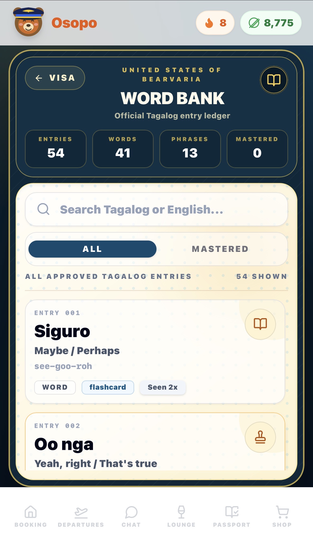 OSOPO word bank screen
